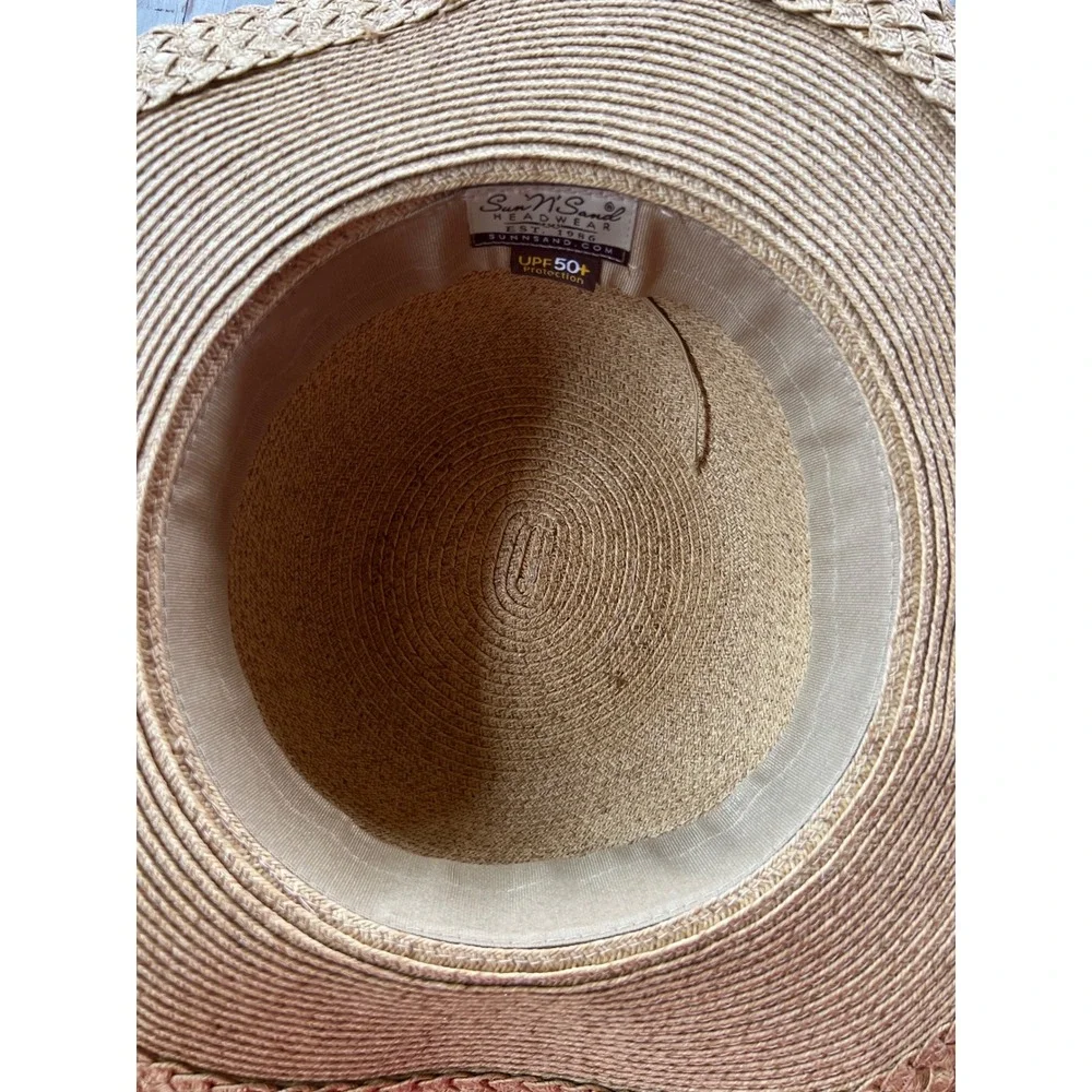 Sun N Sand Tan Straw Sun Hat Wide Brim UPF 50+ Beaded Stone Band Beach Hat Boho